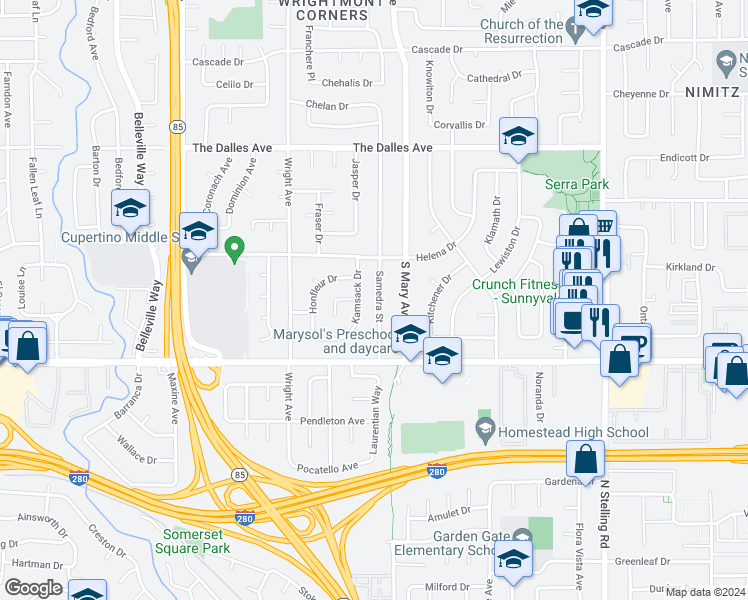 map of restaurants, bars, coffee shops, grocery stores, and more near 1639 Samedra Street in Sunnyvale