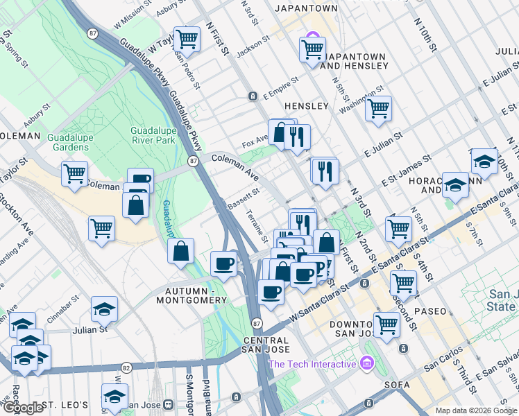 map of restaurants, bars, coffee shops, grocery stores, and more near 340 Terraine Street in San Jose