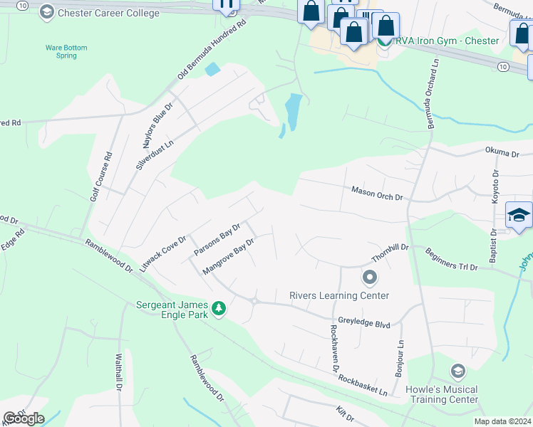 map of restaurants, bars, coffee shops, grocery stores, and more near 13607 Parsons Bay Drive in Chester