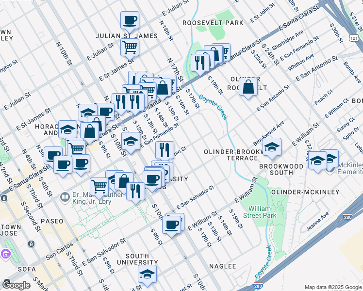 map of restaurants, bars, coffee shops, grocery stores, and more near 188 South 14th Street in San Jose