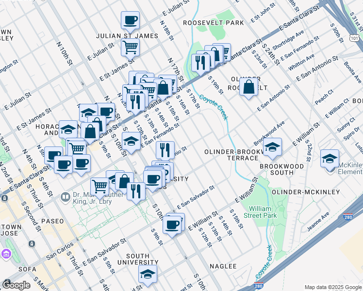 map of restaurants, bars, coffee shops, grocery stores, and more near 188 South 14th Street in San Jose