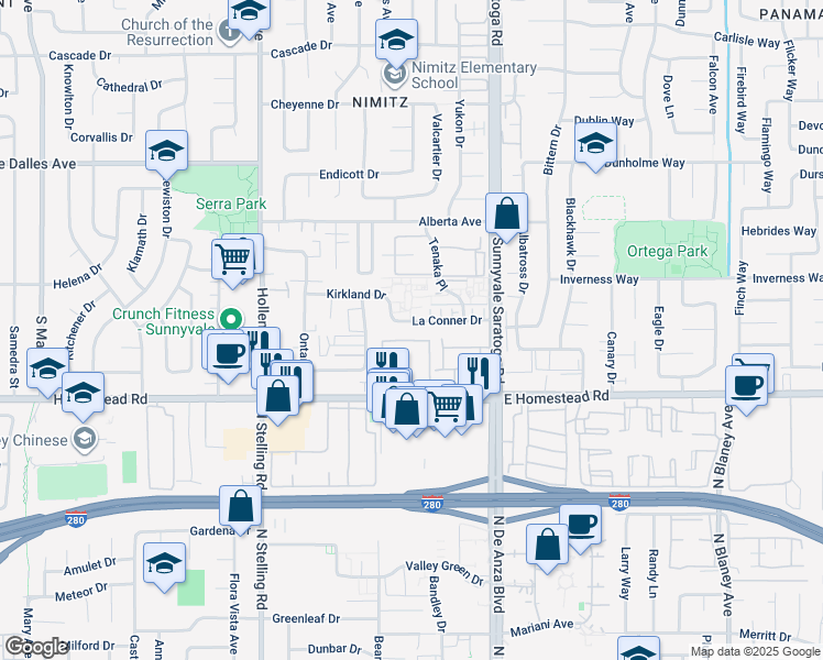 map of restaurants, bars, coffee shops, grocery stores, and more near 578 La Conner Drive in Sunnyvale