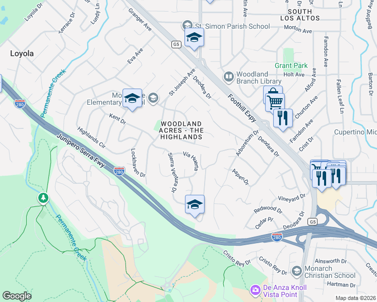 map of restaurants, bars, coffee shops, grocery stores, and more near 1235 Vía Huerta in Los Altos