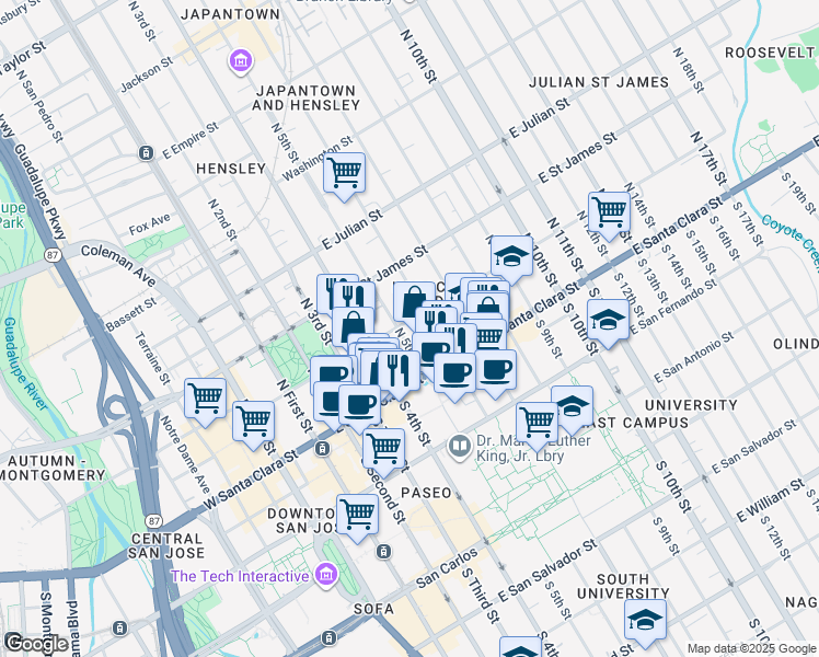 map of restaurants, bars, coffee shops, grocery stores, and more near 96 North 5th Street in San Jose