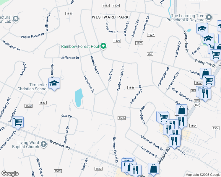 map of restaurants, bars, coffee shops, grocery stores, and more near 124 Dawnridge Drive in Lynchburg