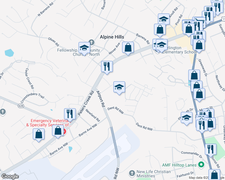 map of restaurants, bars, coffee shops, grocery stores, and more near 6143 Burlington Drive in Hollins