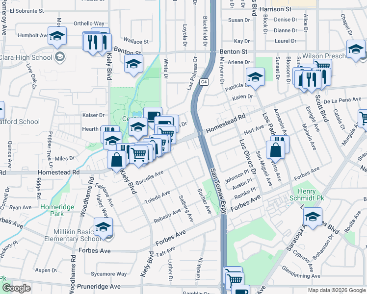 map of restaurants, bars, coffee shops, grocery stores, and more near 768 Caldwell Place in Santa Clara