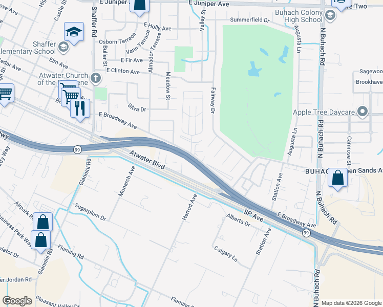 map of restaurants, bars, coffee shops, grocery stores, and more near 901 East Broadway Avenue in Atwater