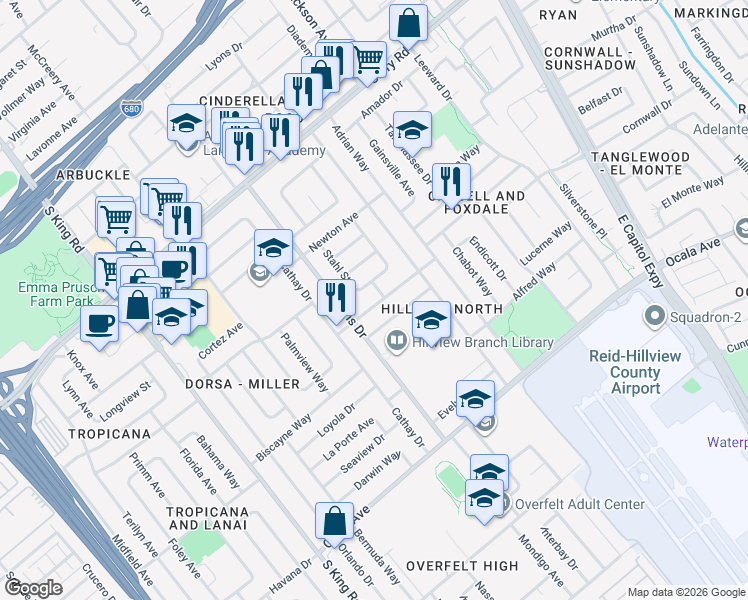 map of restaurants, bars, coffee shops, grocery stores, and more near 2092 Sullivan Avenue in San Jose