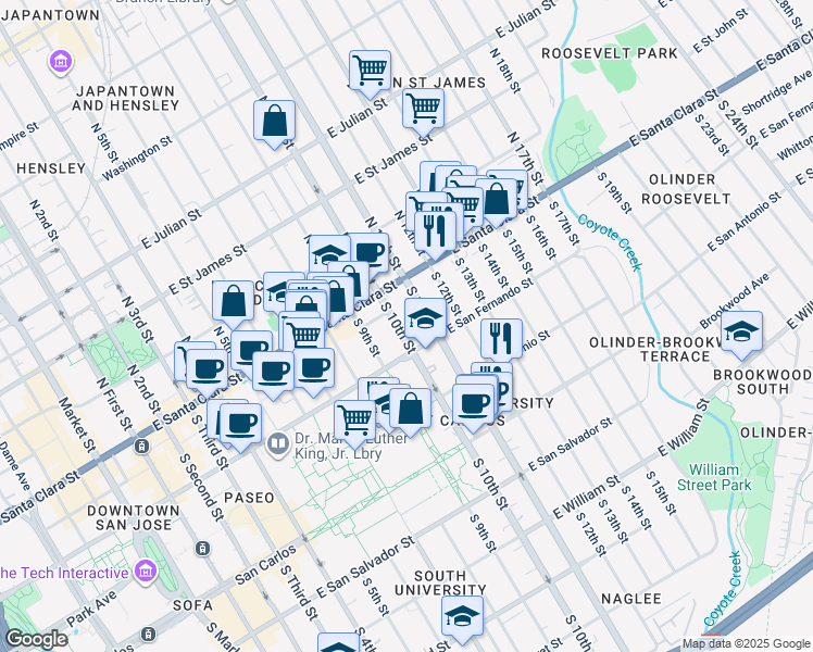 map of restaurants, bars, coffee shops, grocery stores, and more near in San Jose
