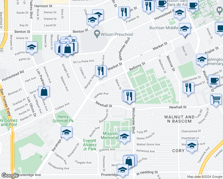 map of restaurants, bars, coffee shops, grocery stores, and more near 400 California Street in Santa Clara