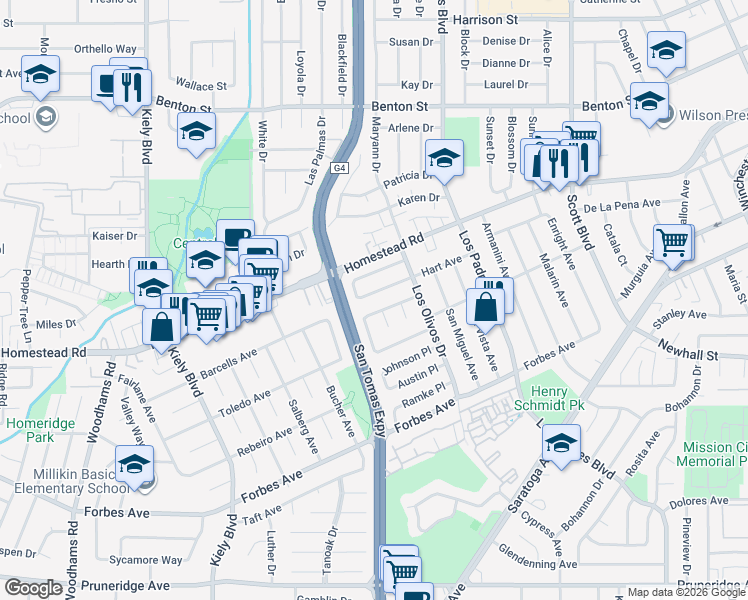 map of restaurants, bars, coffee shops, grocery stores, and more near 2493 Brannan Place in Santa Clara
