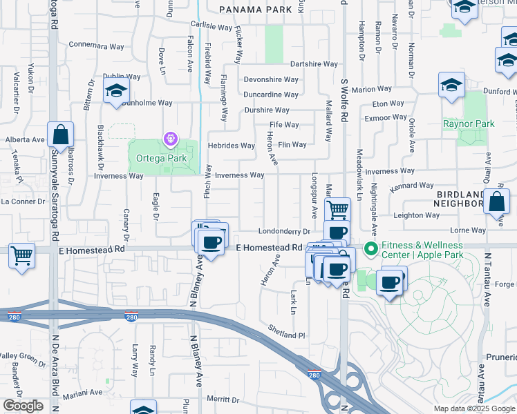 map of restaurants, bars, coffee shops, grocery stores, and more near 1644 Grosbeak Avenue in Sunnyvale