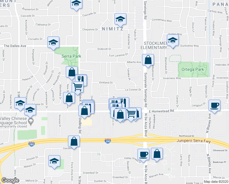 map of restaurants, bars, coffee shops, grocery stores, and more near 1630 Queen Charlotte Drive in Sunnyvale