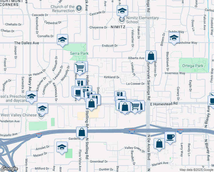 map of restaurants, bars, coffee shops, grocery stores, and more near 7385 Rainbow Dr in Cupertino