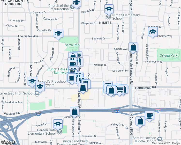 map of restaurants, bars, coffee shops, grocery stores, and more near 1657 Ontario Drive in Sunnyvale