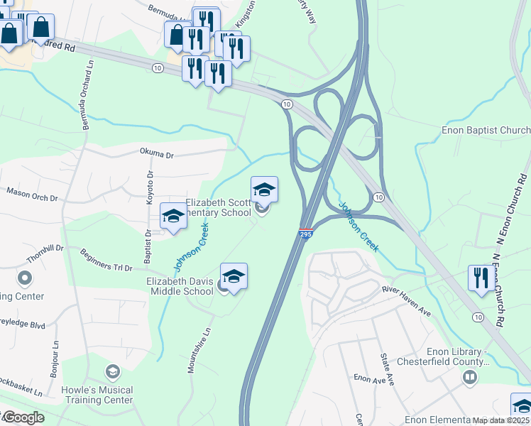 map of restaurants, bars, coffee shops, grocery stores, and more near 813 Beginners Trail Lane in Chester
