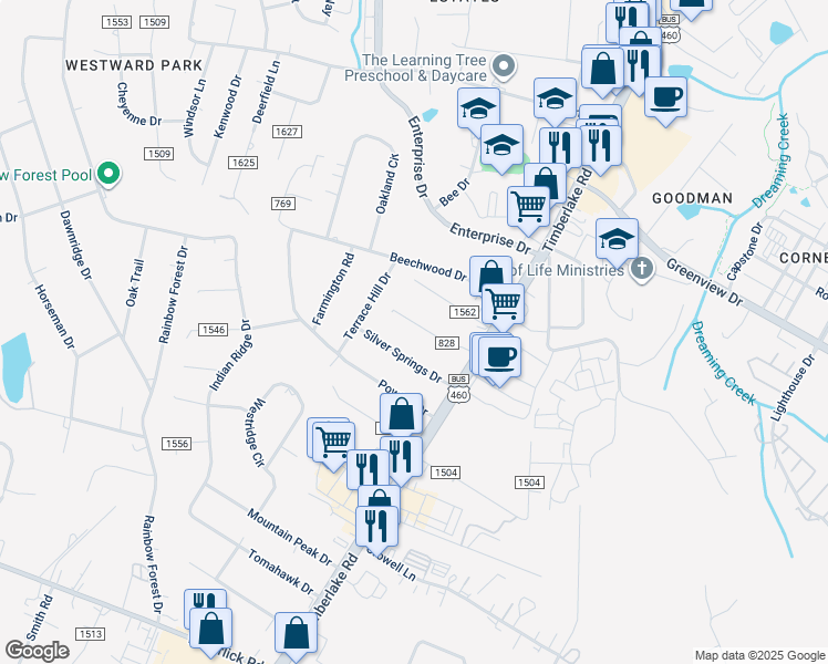 map of restaurants, bars, coffee shops, grocery stores, and more near 142 Tanzalon Drive in Lynchburg