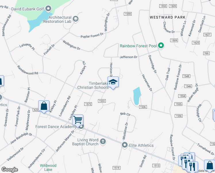 map of restaurants, bars, coffee shops, grocery stores, and more near 240 Horizon Drive in Forest