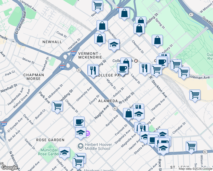 map of restaurants, bars, coffee shops, grocery stores, and more near 1035 Emory Street in San Jose