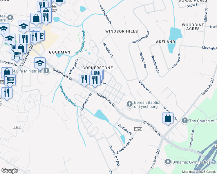 map of restaurants, bars, coffee shops, grocery stores, and more near 134 Colonnade Street in Lynchburg