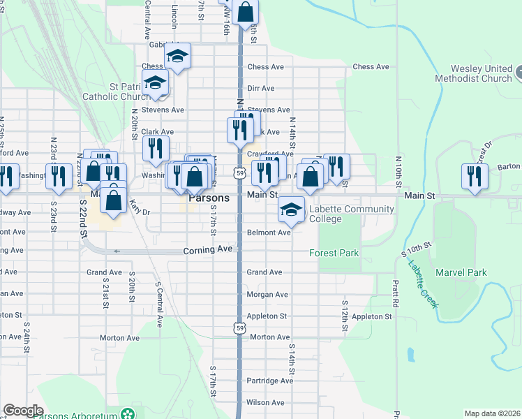 map of restaurants, bars, coffee shops, grocery stores, and more near 1504 Broadway Avenue in Parsons