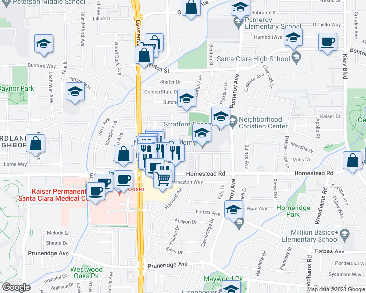 map of restaurants, bars, coffee shops, grocery stores, and more near 3465 Lochinvar Avenue in Santa Clara