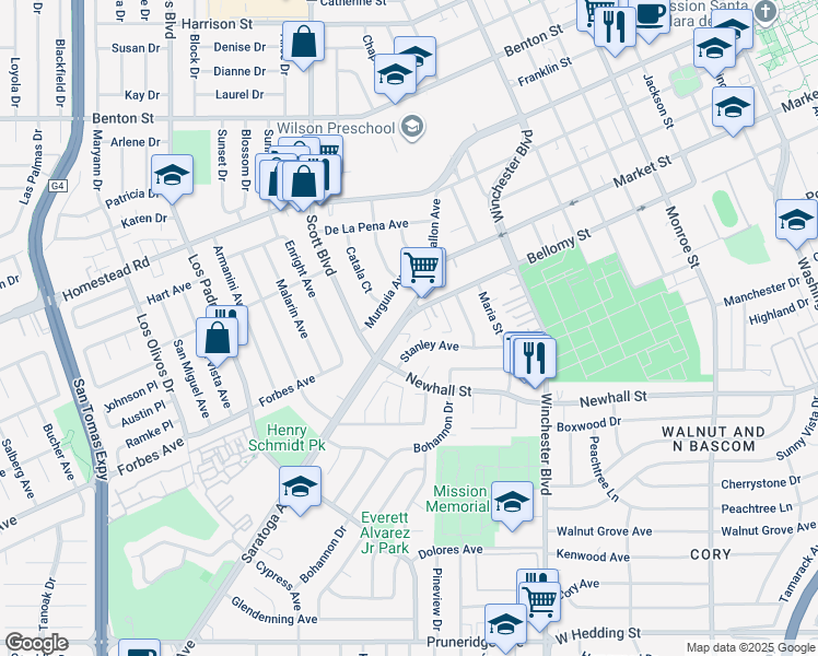 map of restaurants, bars, coffee shops, grocery stores, and more near 565 Saratoga Avenue in Santa Clara