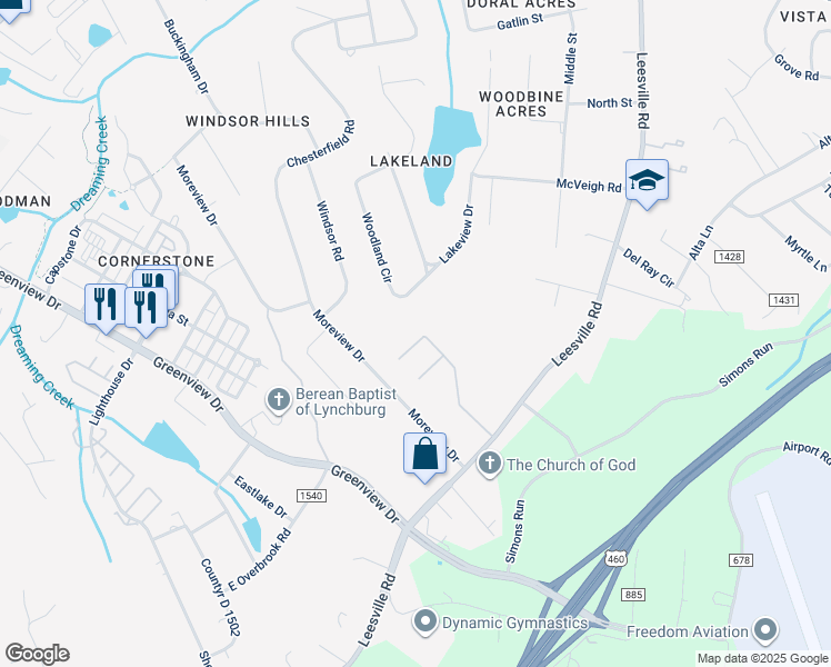 map of restaurants, bars, coffee shops, grocery stores, and more near 200 Barrington Way in Lynchburg