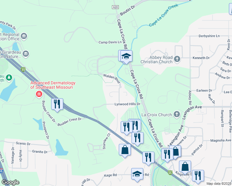 map of restaurants, bars, coffee shops, grocery stores, and more near 2805 Larkspur Court in Cape Girardeau