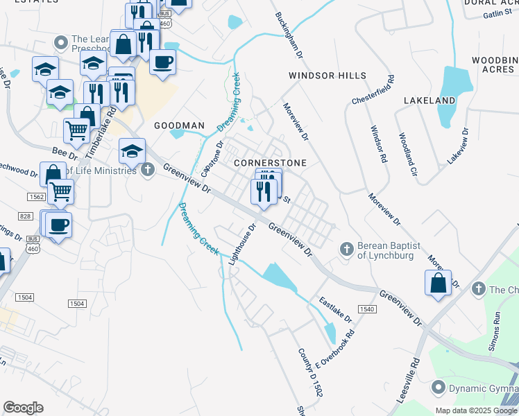 map of restaurants, bars, coffee shops, grocery stores, and more near 105 Cornerstone Street in Lynchburg