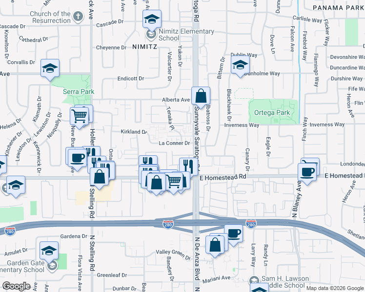 map of restaurants, bars, coffee shops, grocery stores, and more near 540 La Conner Drive in Sunnyvale