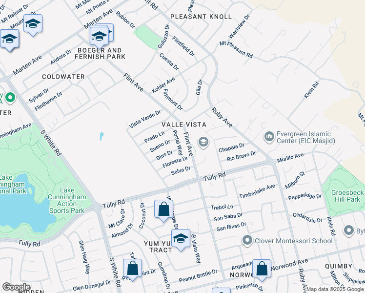 map of restaurants, bars, coffee shops, grocery stores, and more near 2385 Flint Avenue in San Jose