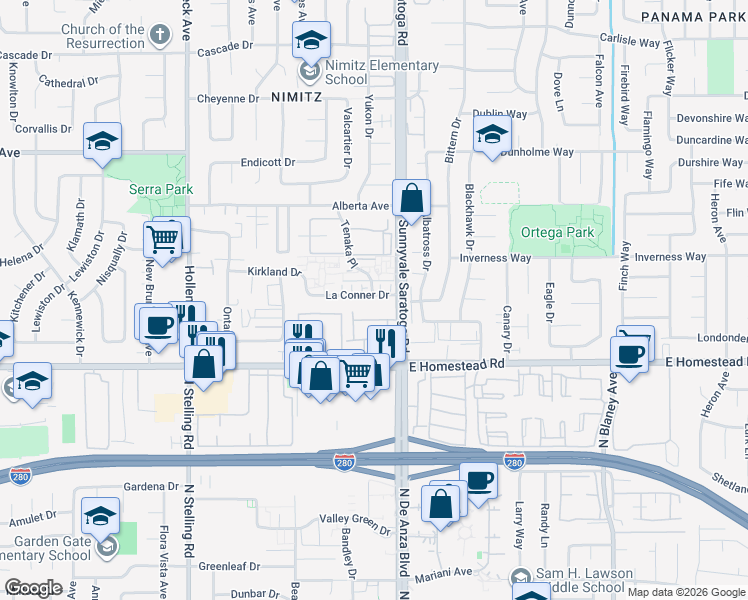 map of restaurants, bars, coffee shops, grocery stores, and more near 540 La Conner Drive in Sunnyvale
