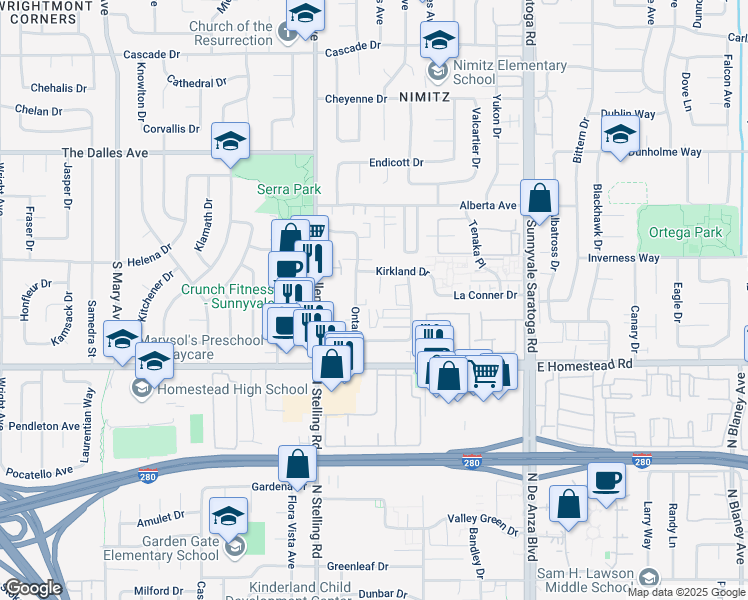 map of restaurants, bars, coffee shops, grocery stores, and more near 7385 Rainbow Dr in Cupertino