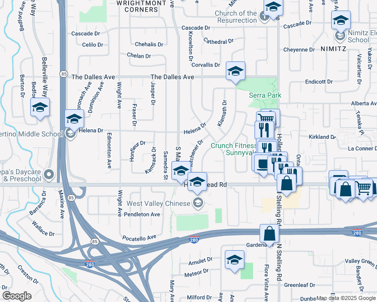 map of restaurants, bars, coffee shops, grocery stores, and more near 1663 Kitchener Drive in Sunnyvale