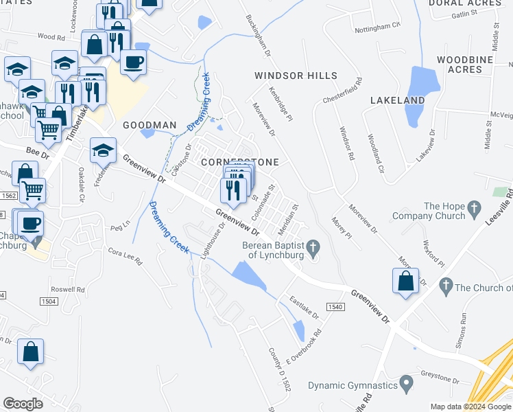 map of restaurants, bars, coffee shops, grocery stores, and more near 101 Colonnade Street in Lynchburg