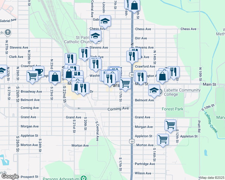 map of restaurants, bars, coffee shops, grocery stores, and more near 1720 Broadway Avenue in Parsons