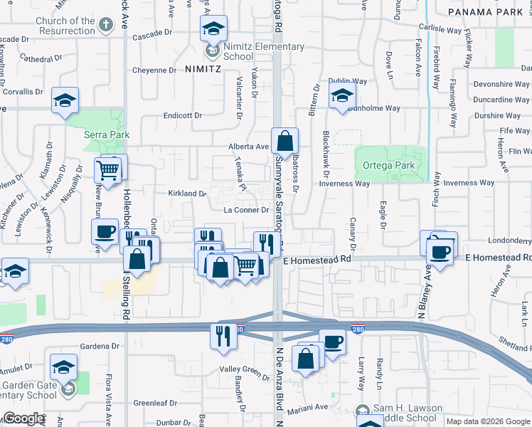 map of restaurants, bars, coffee shops, grocery stores, and more near 530 La Conner Drive in Sunnyvale