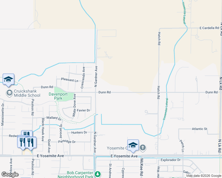 map of restaurants, bars, coffee shops, grocery stores, and more near 1862 Dunn Road in Merced