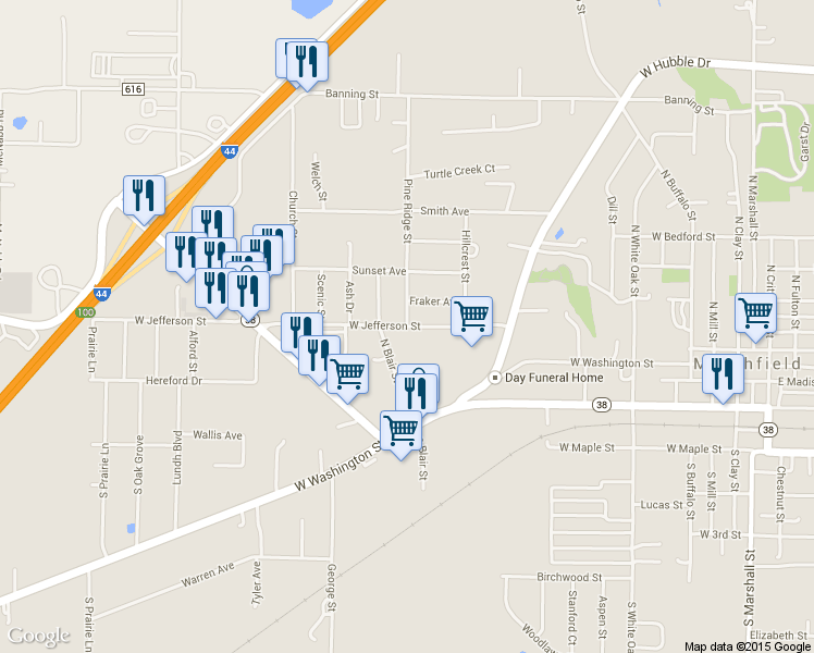 map of restaurants, bars, coffee shops, grocery stores, and more near 904 West Jefferson Street in Marshfield