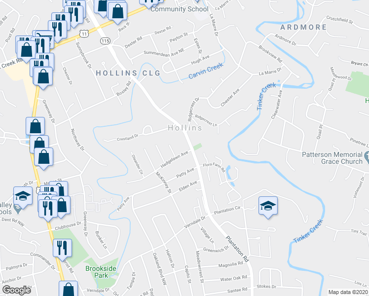 map of restaurants, bars, coffee shops, grocery stores, and more near 560 Hedgelawn Avenue in Roanoke