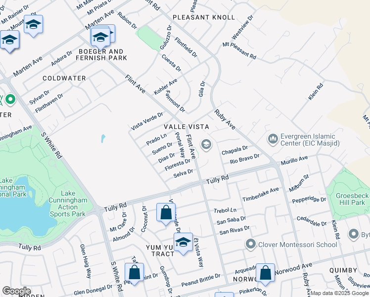 map of restaurants, bars, coffee shops, grocery stores, and more near 2385 Flint Avenue in San Jose