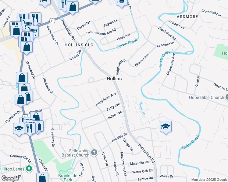 map of restaurants, bars, coffee shops, grocery stores, and more near 560 Hedgelawn Avenue in Roanoke
