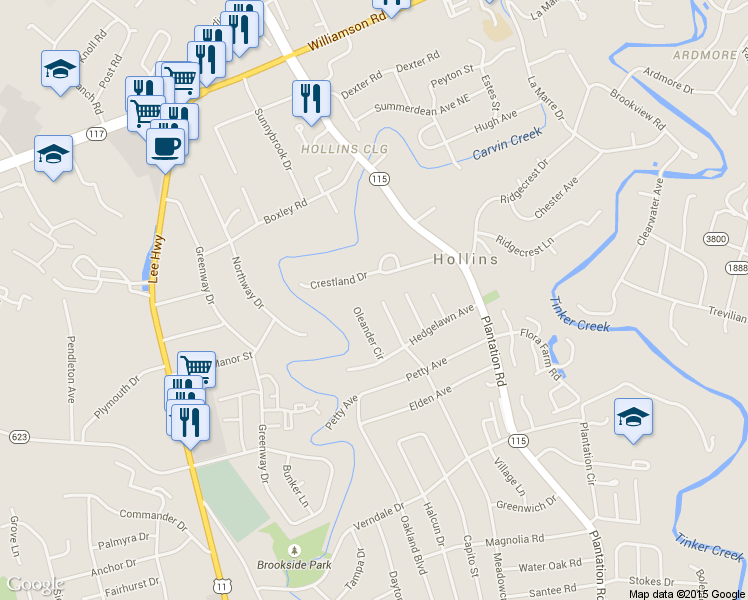 map of restaurants, bars, coffee shops, grocery stores, and more near 6750 McKinney Street in Roanoke