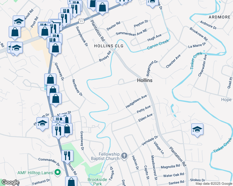 map of restaurants, bars, coffee shops, grocery stores, and more near 6750 McKinney Street in Roanoke
