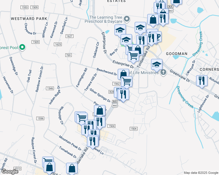 map of restaurants, bars, coffee shops, grocery stores, and more near 103 Tanzalon Drive in Lynchburg