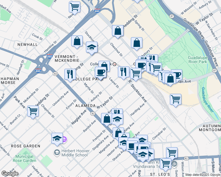 map of restaurants, bars, coffee shops, grocery stores, and more near 860 Asbury Street in San Jose