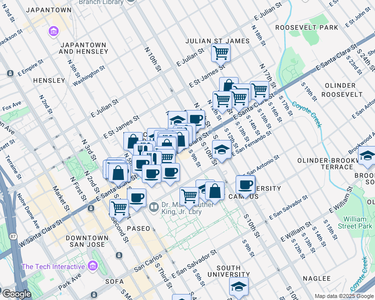 map of restaurants, bars, coffee shops, grocery stores, and more near 382e East Santa Clara Street in San Jose