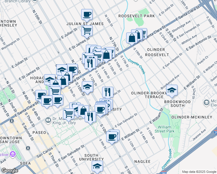 map of restaurants, bars, coffee shops, grocery stores, and more near 151 South 13th Street in San Jose